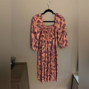 3/4 Sleeve Smocked Floral Midi Dress